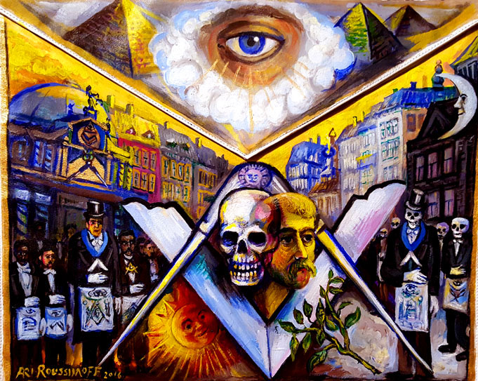 681x543 Masonic Painted Apron, Symbolic Skull Mortality, By Noted Artist - George Washington Masonic Painting