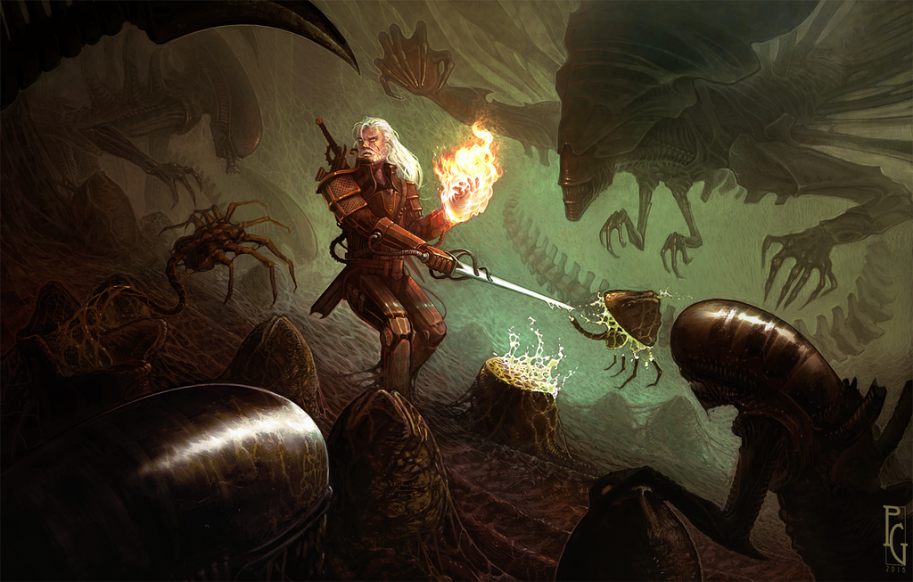1024x653 Geralt Vs Aliens By Telmand - Geralt Painting