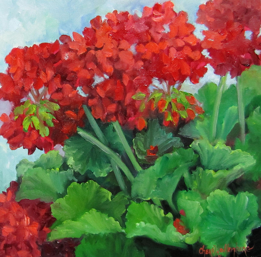 900x885 Painting Of Red Geraniums Painting By Cheri Wollenberg - Geranium Painting