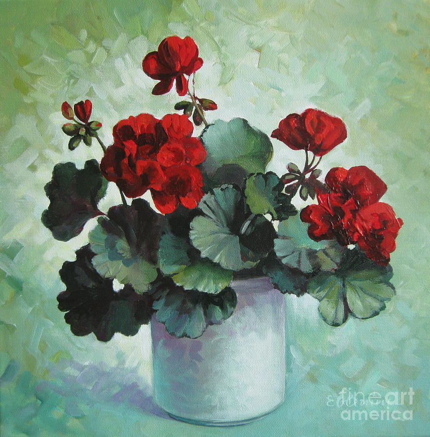 886x900 Red Geranium Painting By Elena Oleniuc - Geranium Painting