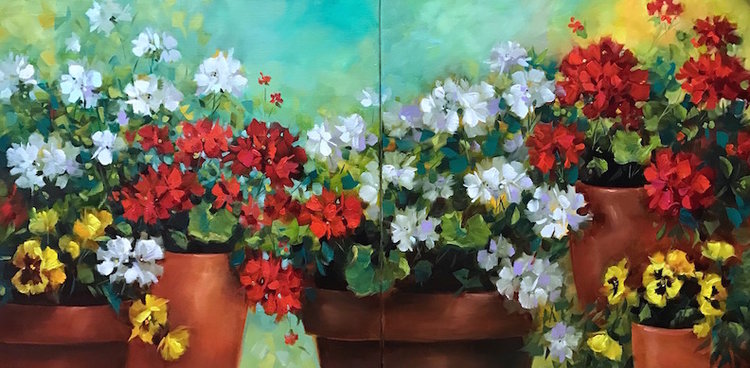 750x368 Remnants Of Summer Geranium And Pansy Diptych (2 Part Painting) - Geranium Painting
