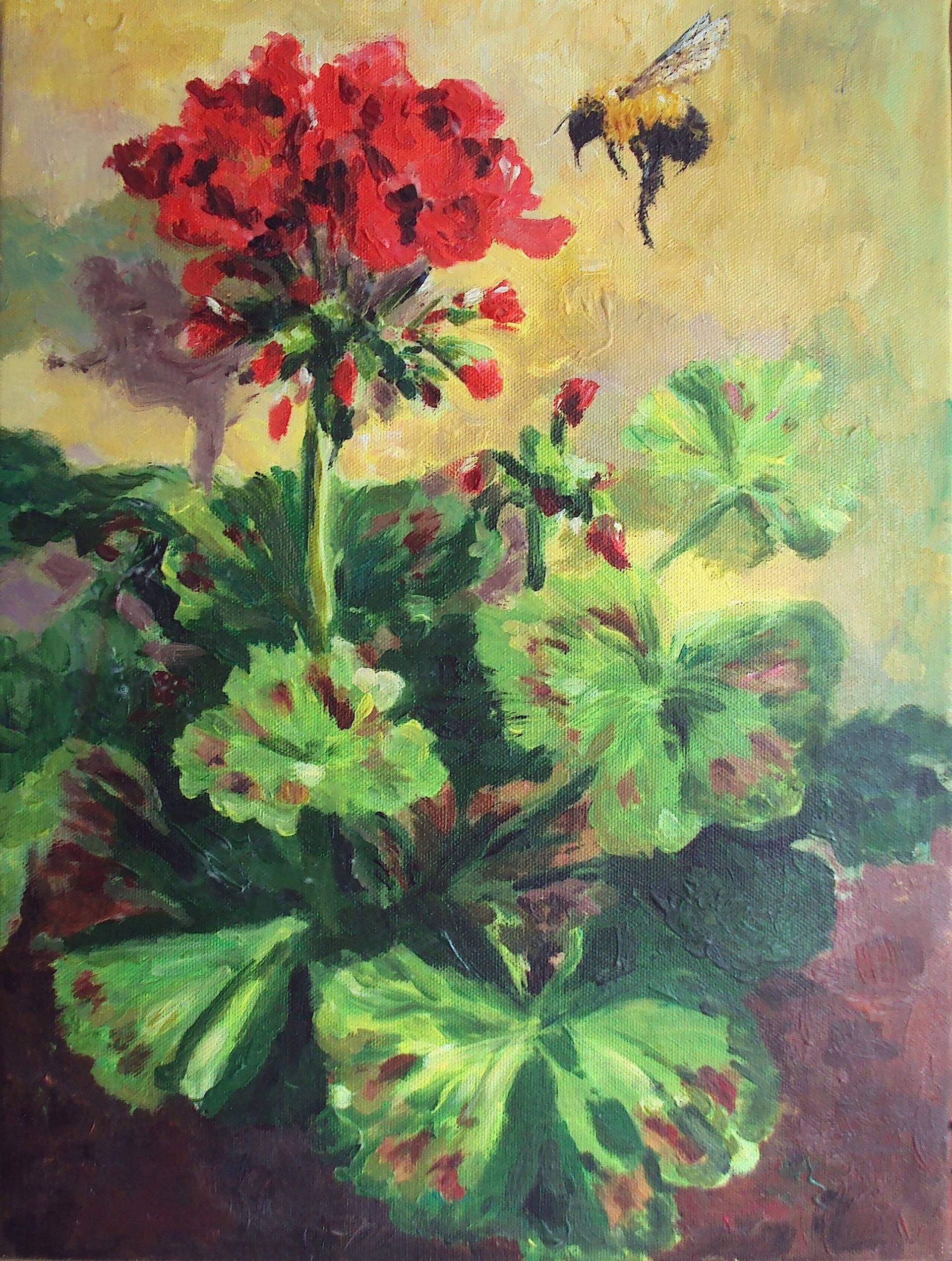 1920x2542 Saatchi Art Red Geranium, Bumble Bee Painting By Teresa Tanner - Geranium Painting