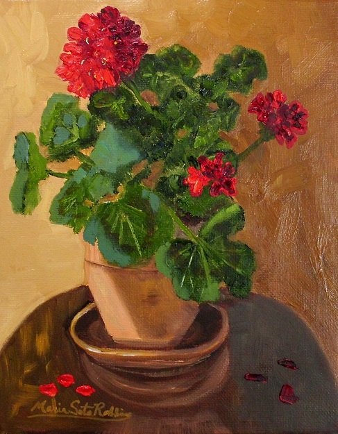 487x625 Art By Msr Red Geranium In Shadow Oil Painting By Maria Soto Robbins - Geranium Painting