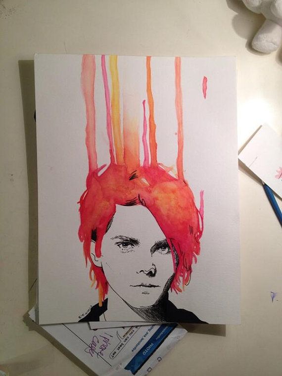 570x760 Gerard Way Red And Yellow Watercolor Painting Print Art - Gerard Way Painting