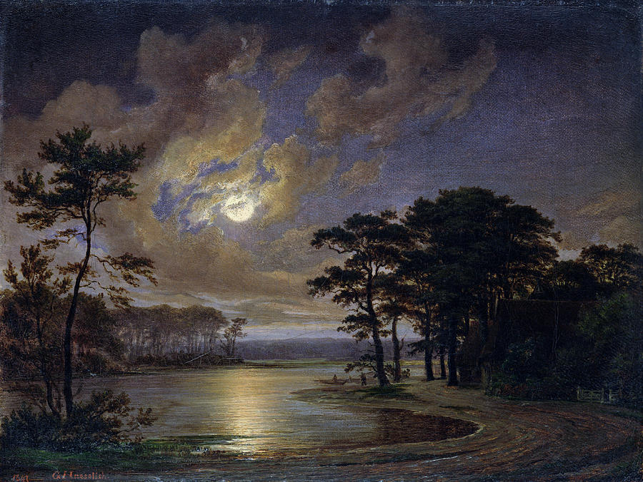 900x676 Holstein Sea Moonlight Painting By Johann Georg Haeselich - German Landscape Painting