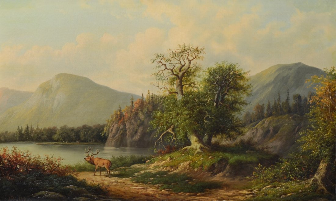 1100x658 J. Walther German Landscape Painting W Elk. Signed - German Landscape Painting