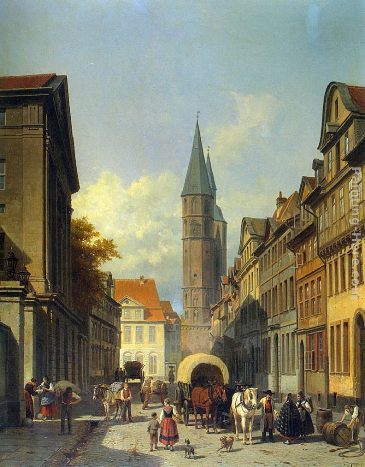 720x921 Jacques Carabain A Busy Street In A German Town Painting Anysize - German Painting