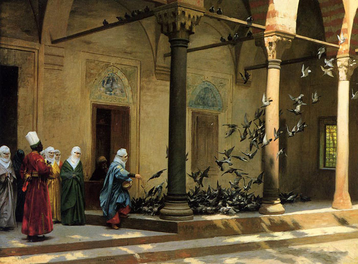 700x517 Harem Women Feeding Pigeons In A Courtyard , 1894 - Gerome Painting