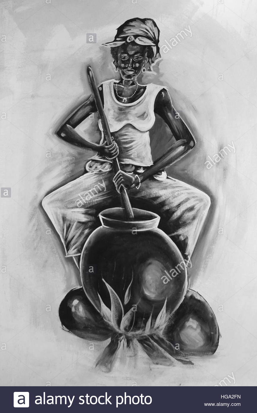 866x1390 Ghana Painting Of Woman Stirring Contents Of Cooking Pot Stock - Ghana Painting