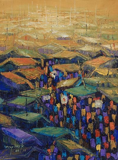 400x542 Original Market Scene Acrylic Painting From Ghana, - Ghana Painting