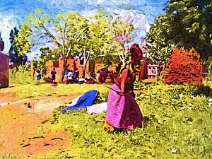 300x225 Woman In Fields Of Ghana Painting By Deborah Selib Haig Dmacq - Ghana Painting
