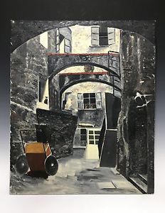 232x300 Vintage Oil And Watercolour On Canvas Street Ghetto Scene Painting - Ghetto Painting