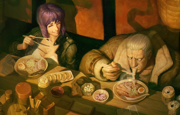 596x380 Wallpaper Anime, Art, Ghost In The Shell, The Fireworks Kusanagi - Ghost In The Shell Painting