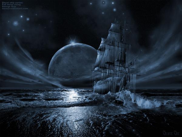 600x450 Ghost Ship Series Full Moon Rising Surreal Art Print, Poster - Ghost Pirate Ship Painting