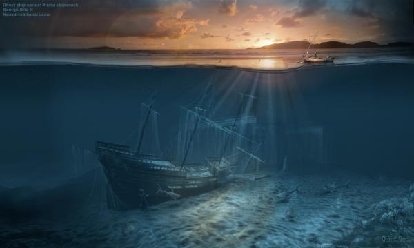 600x360 Ghost Ship Series Pirate Shipwreck Surreal Art Print, Poster - Ghost Pirate Ship Painting