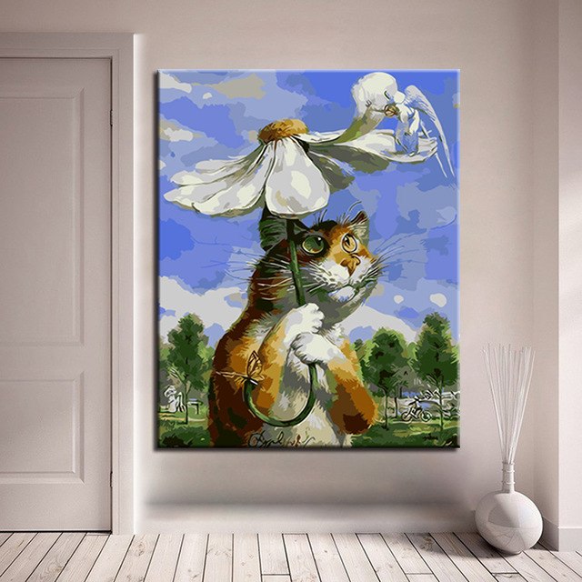 640x640 Giant Cat Carried The Flower Umbrella Digital Oil Painting By - Giant Cat Painting