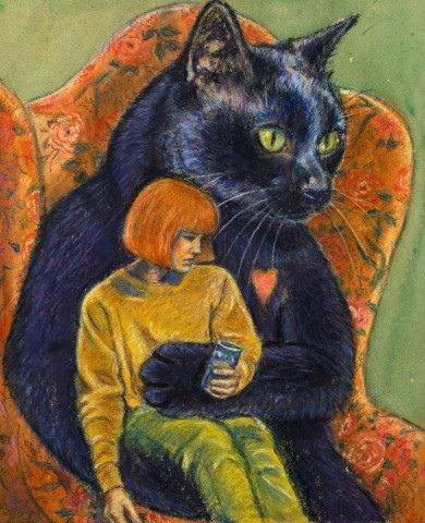 390x480 Giant Cat And Woman Black Cats, Cat And She S - Giant Cat Painting