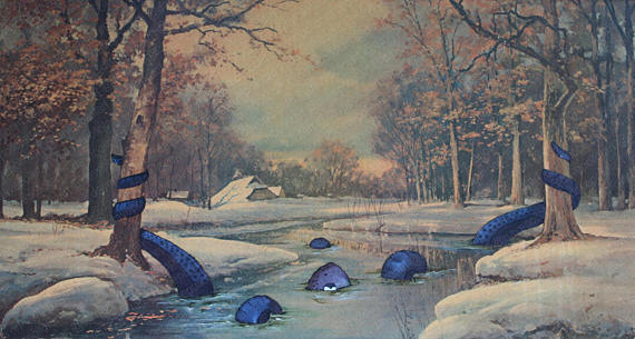 570x305 Giant Squid Octopus Painting Enhanced Altered Thrift Art - Giant Octopus Painting