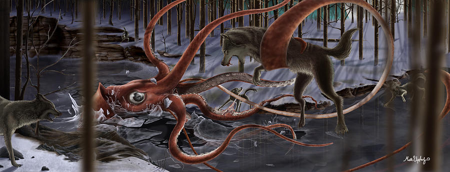 900x345 Wolves Vs Squid Painting By Matt Upholz - Giant Squid Painting