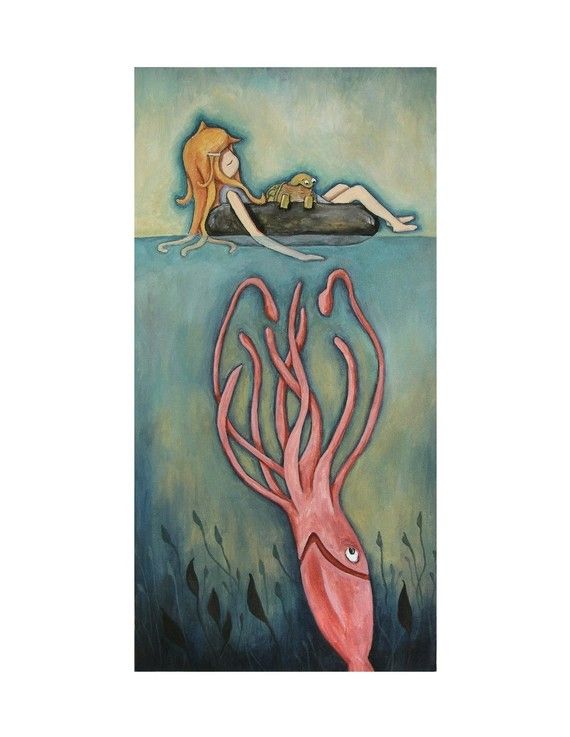 570x737 Giant Squid Girl Turtle Painting Signed Digital Print By Ninjagrl - Giant Squid Painting