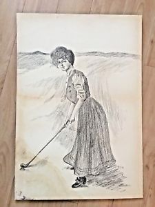225x300 Antique Golf Art Work Pencil Drawing Woman Gibson Girl Golf Club - Gibson Girl Painting