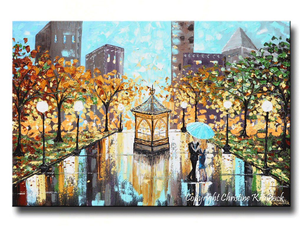 1024x768 Giclee Print Art Abstract Painting Couple Blue Umbrella City Park - Giclee Painting