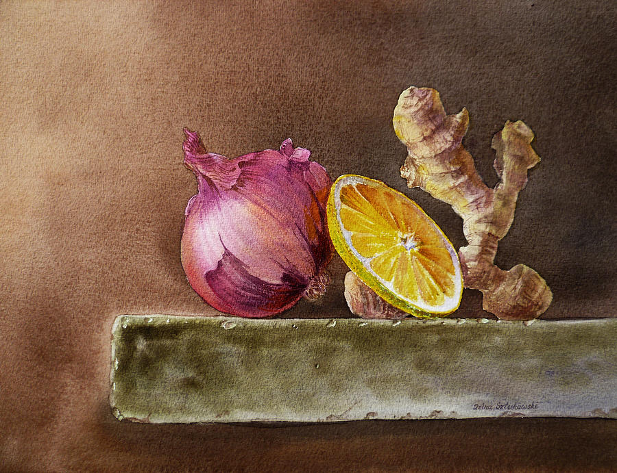 900x691 Still Life With Onion Lemon And Ginger Painting By Irina Sztukowski - Ginger Painting
