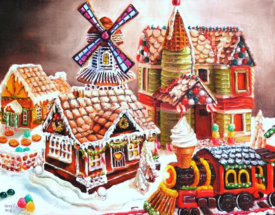 949x743 Gingerbread Village By Veracauwenberghs - Gingerbread House Painting