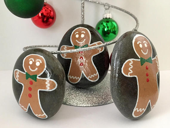 570x430 Gingerbread Man Painted Rock Set Of 3 Gingerbread Men - Gingerbread Man Painting
