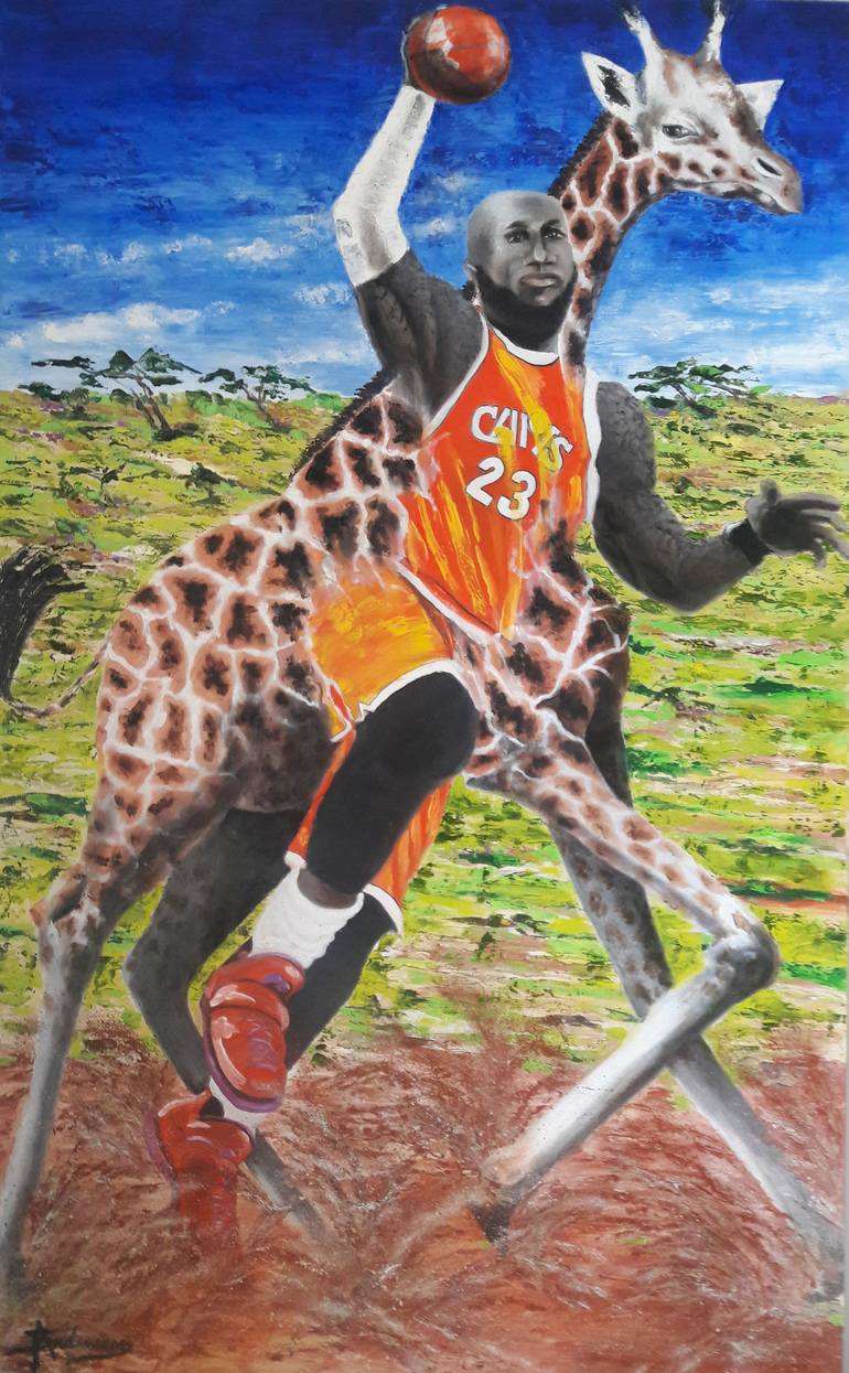 770x1245 Saatchi Art Lebron James Amp Giraffe Painting By Susan Andreasen - Giraffe Painting