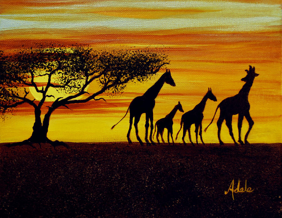 900x698 Giraffe Silhouette Painting By Adele Moscaritolo - Giraffe Silhouette Painting