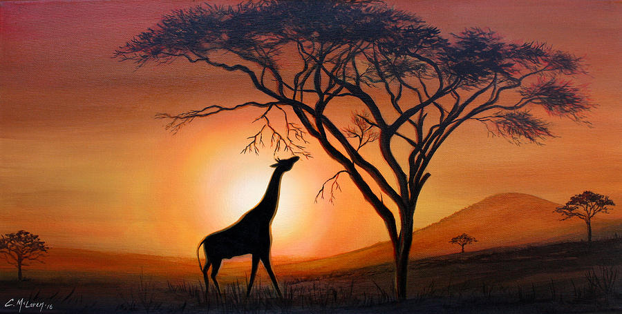 900x455 Giraffe Silhouette Painting By Cynthia Mclaren - Giraffe Silhouette Painting