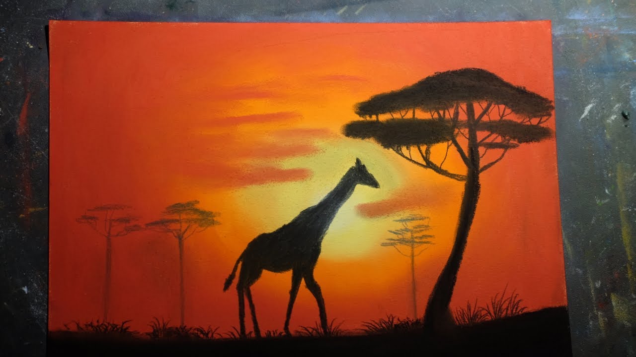 1280x720 Giraffe Silhouette Soft Pastel Sunset Paintingdaniel Bruce - Giraffe Silhouette Painting