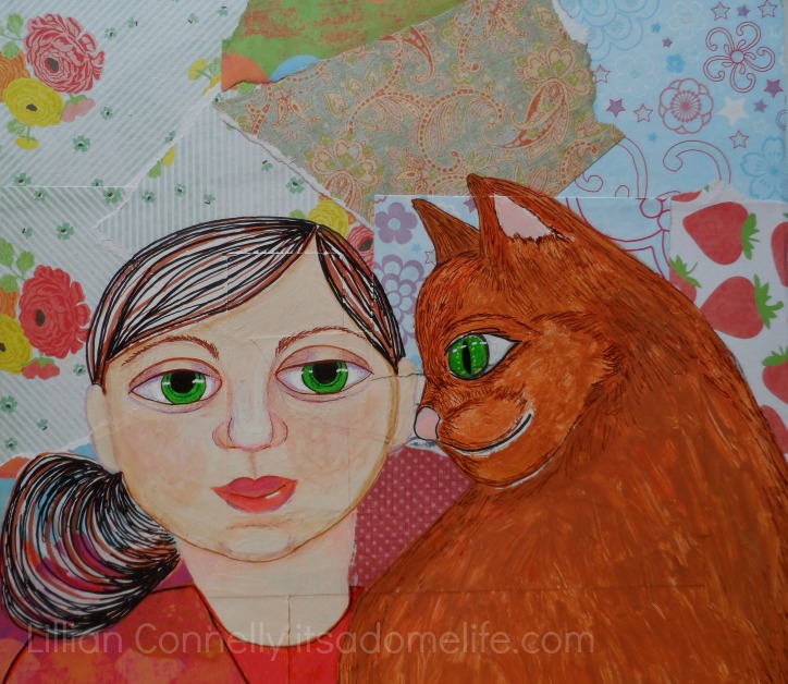 724x628 Girl With Cat Collage Painting - Girl And Cat Painting