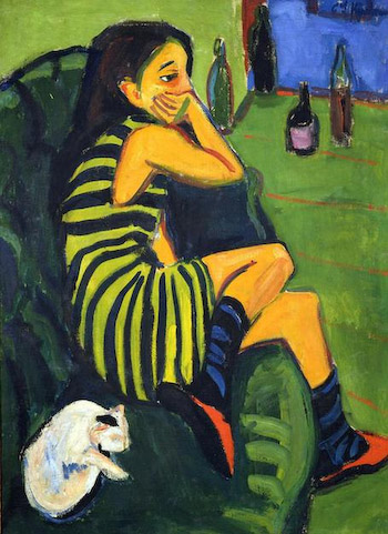 350x481 Girl With Cat By Kirchner - Girl And Cat Painting