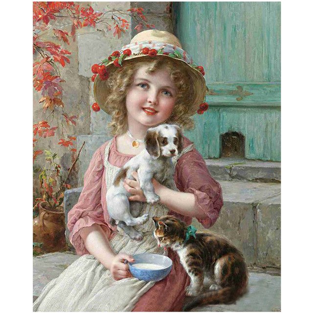 640x640 5d Diy Diamond Mosaic Girl Cats Dog Diamond Paintings Cross Stitch - Girl And Cat Painting