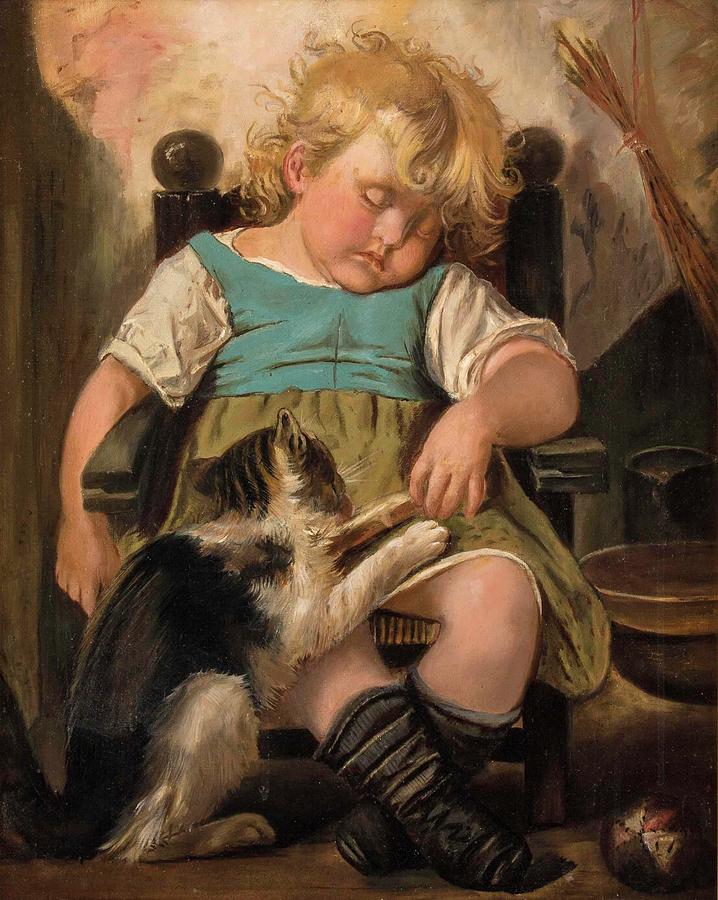 718x900 Sleeping Girl On Chair With Cat Painting By Motionage Designs - Girl And Cat Painting
