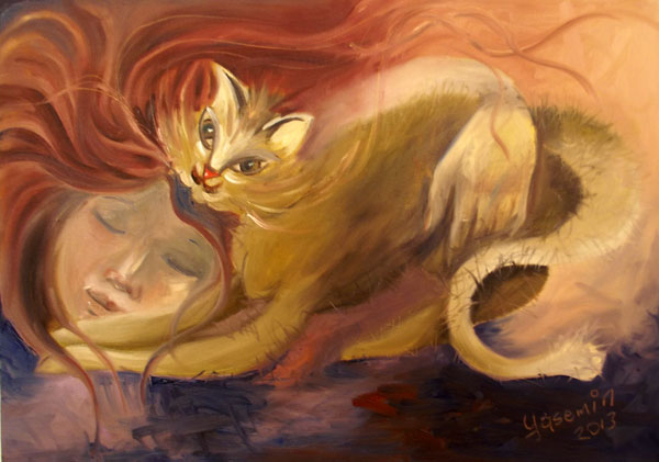 600x421 Cat And Girl Handmade Oil Paintings Sale! Art Works - Girl And Cat Painting