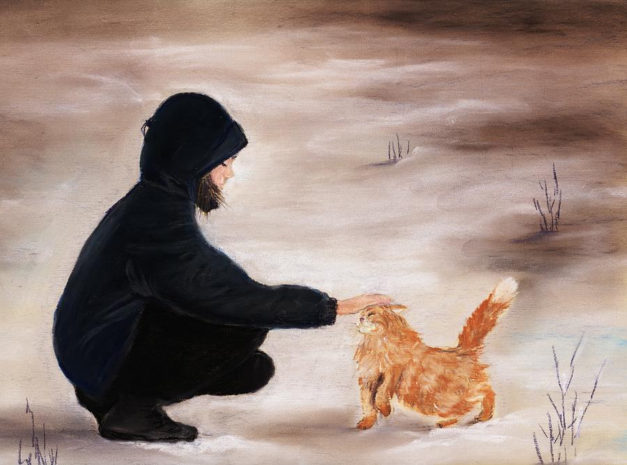 900x667 Girl And A Cat Painting By Anastasiya Malakhova - Girl And Cat Painting
