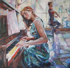 300x290 Girl Playing Piano Paintings Fine Art America - Girl At Piano Painting