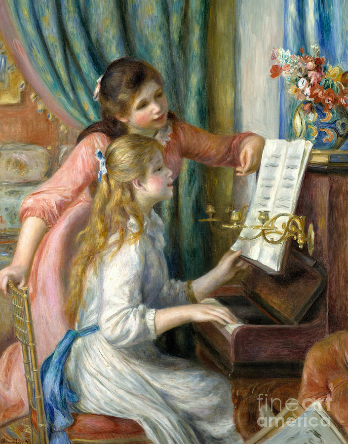 705x900 Two Young Girls At The Piano, 1892 Painting By Pierre Auguste Renoir - Girl At Piano Painting