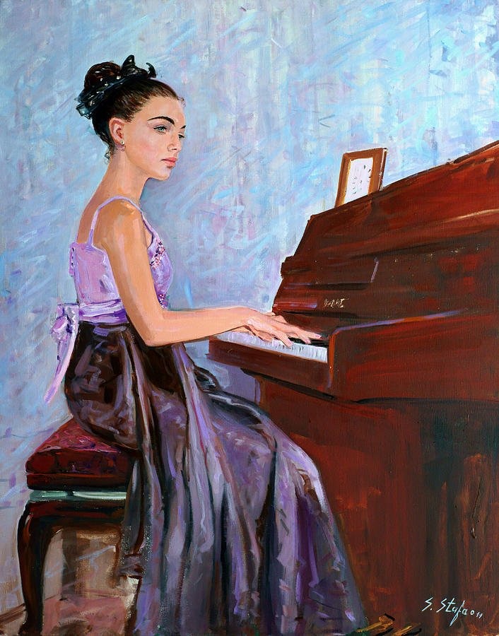 706x900 Beautiful Girl Playing Piano Painting By Sefedin Stafa - Girl At Piano Painting