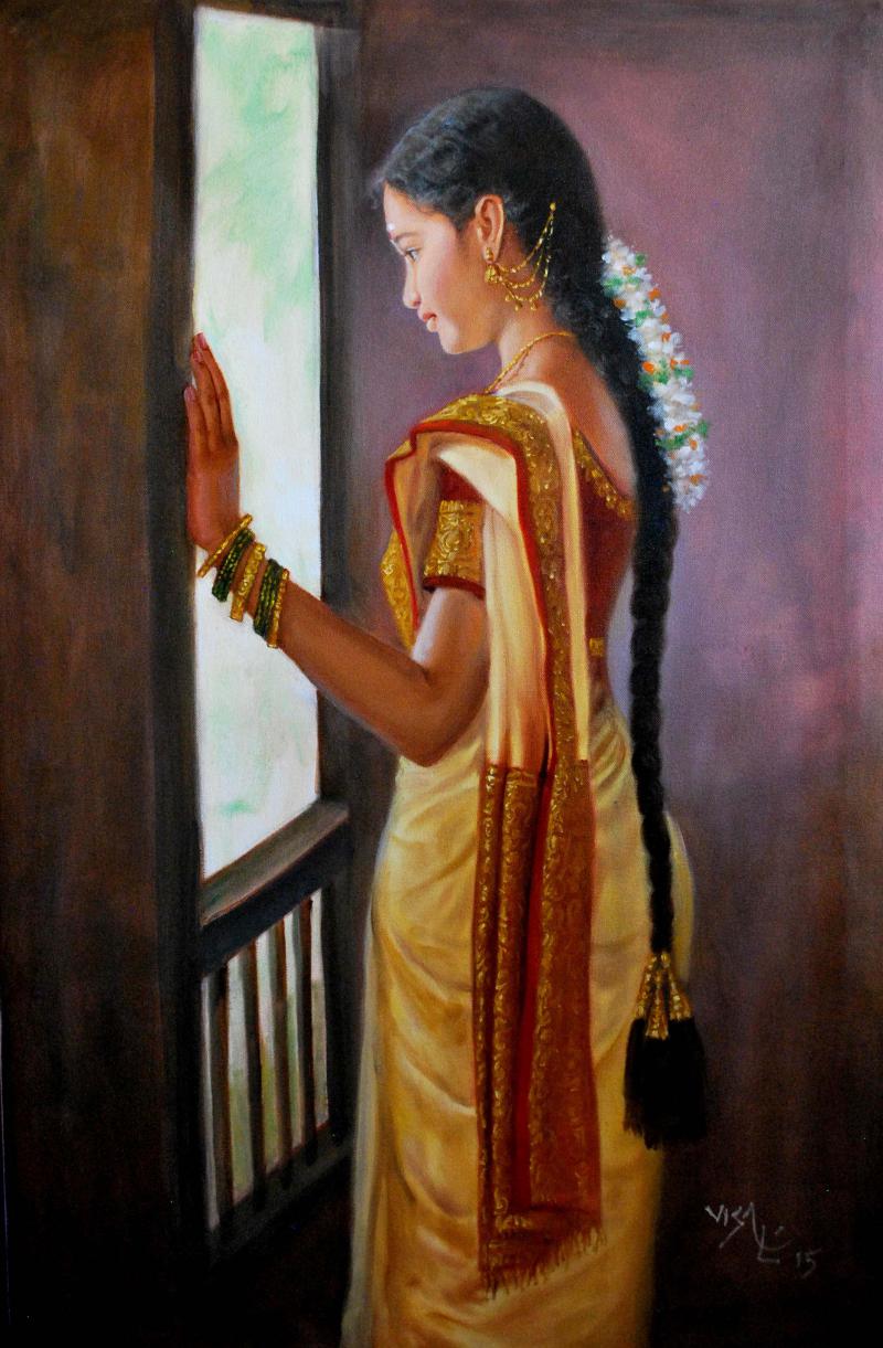 800x1221 Girl By Window By Artist Vishalandra Dakur Figurative Art Oil - Girl At Window Painting