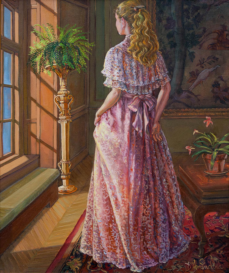756x900 Lady Gazing Through The Window Painting By Dominique Amendola - Girl At Window Painting