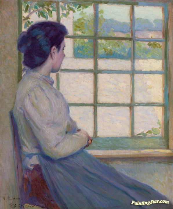 597x720 Woman Looking Out A Window Artwork By George Albert Thompson Oil - Girl At Window Painting
