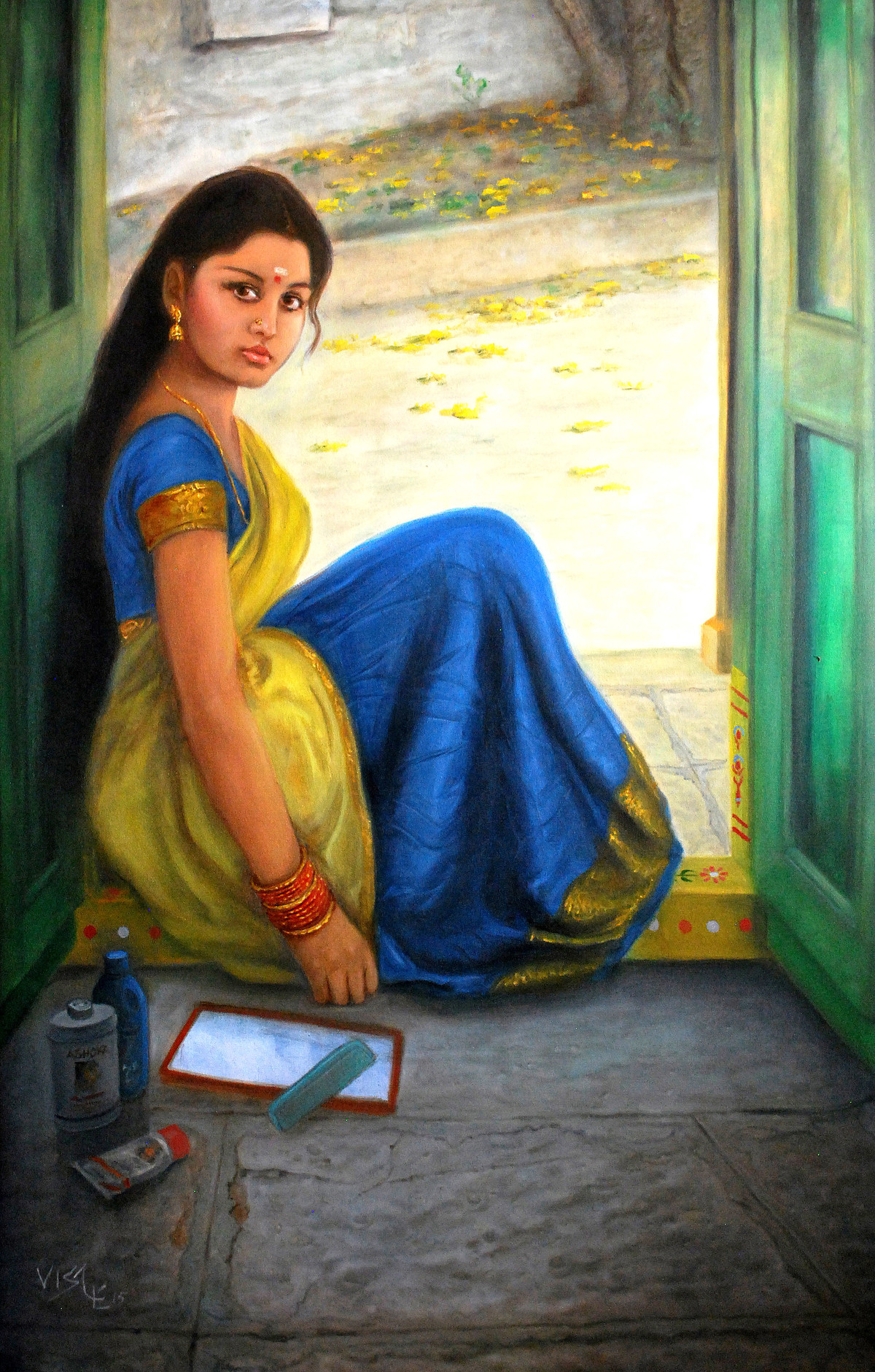 1200x1881 Indian Girl Hair Combing By Artist Vishalandra Dakur Realism - Girl Hair Painting