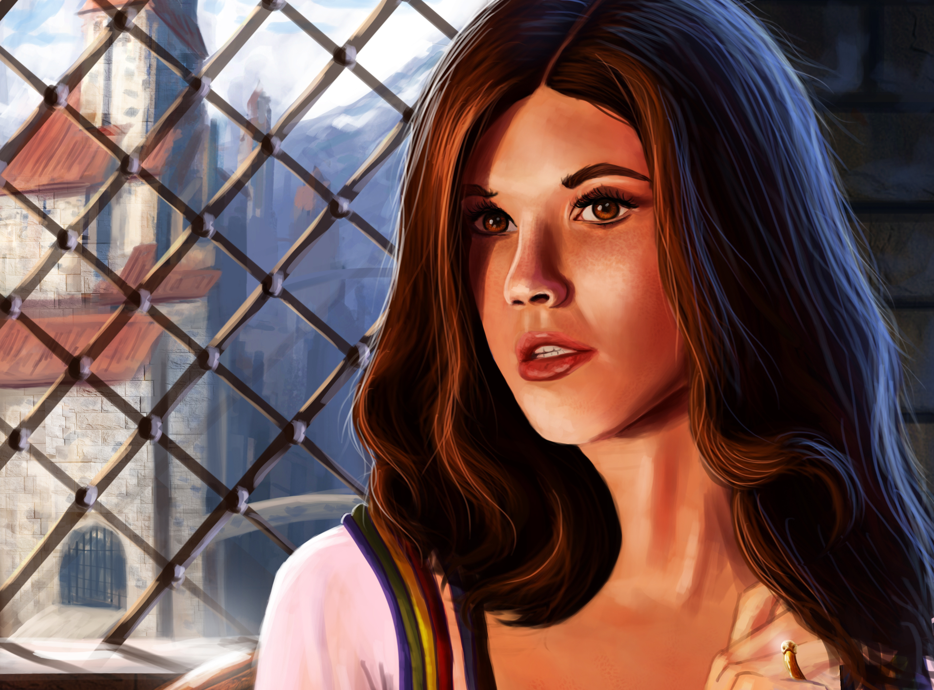 3095x2288 Wallpapers Brown Haired Hair Girls Fence Painting Art 3095x2288 - Girl Hair Painting