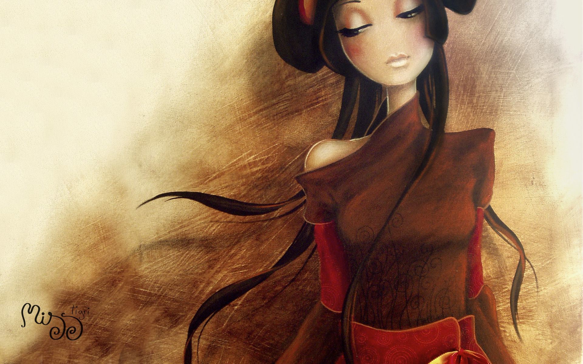 1920x1200 Beautiful Girl Long Hair Character Fine Art Oil Painting Design - Girl Hair Painting