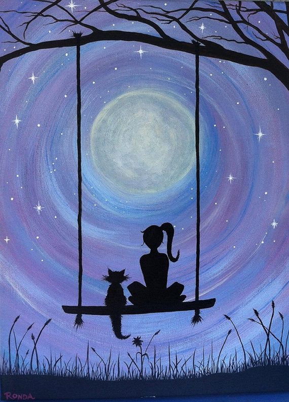 570x794 A Girl And Her Cat Sitting On A Swing Under The Full Moon (Print - Girl In A Swing Painting