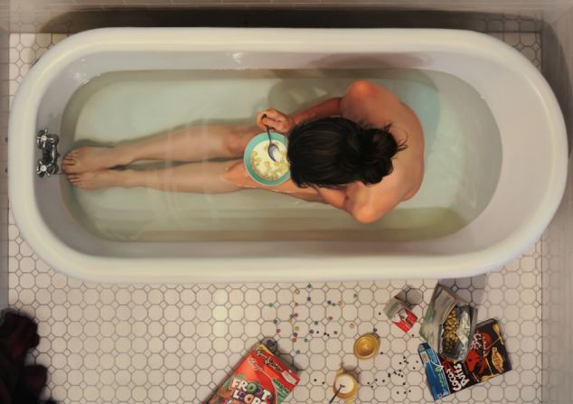 634x447 Artist Lee Price Paints Incredibly Realistic Self Portraits - Girl In Bathtub Painting